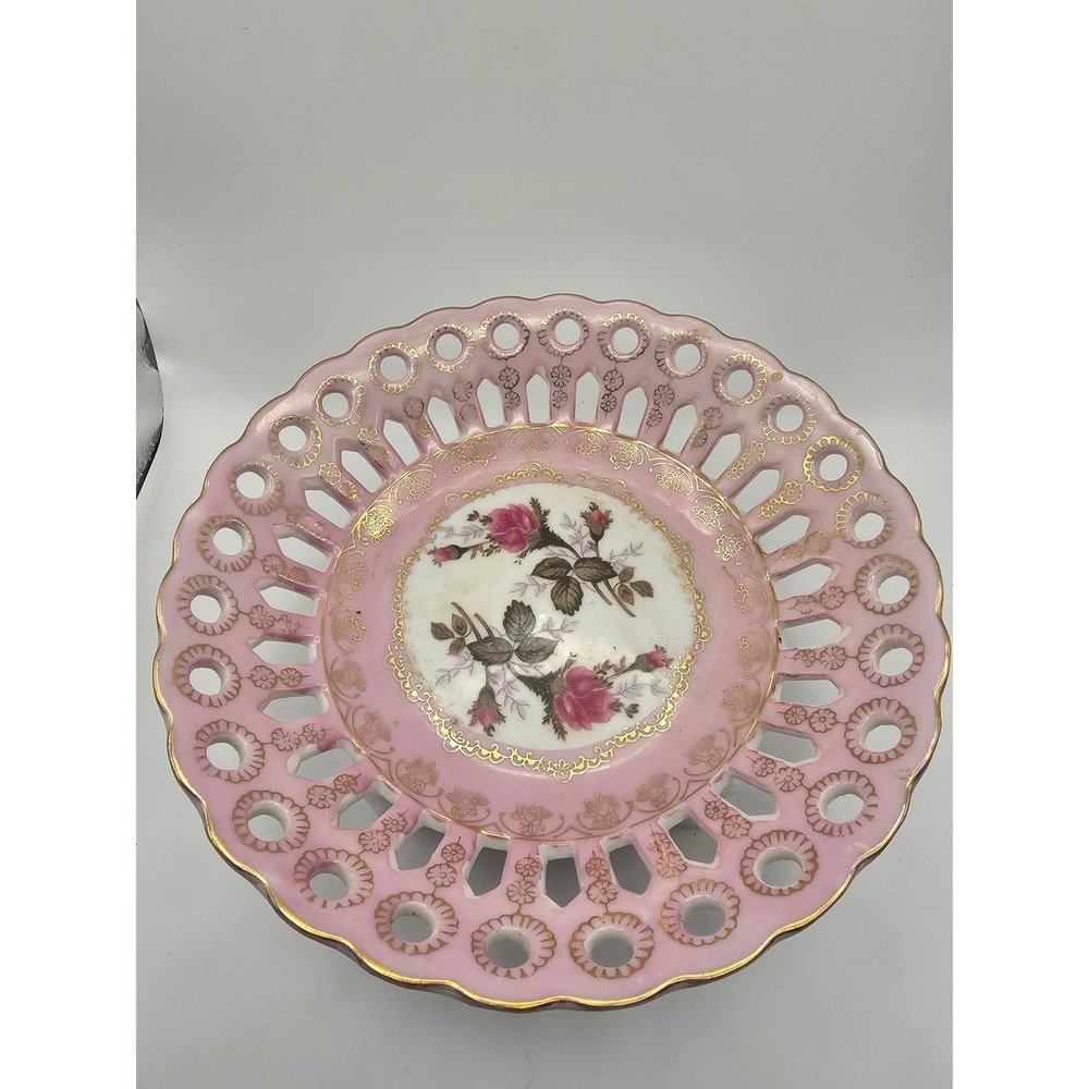 Vintage Pink Reticulated Porcelain Bowl Rose Floral Gold Trim Lattice Edge 7.5"